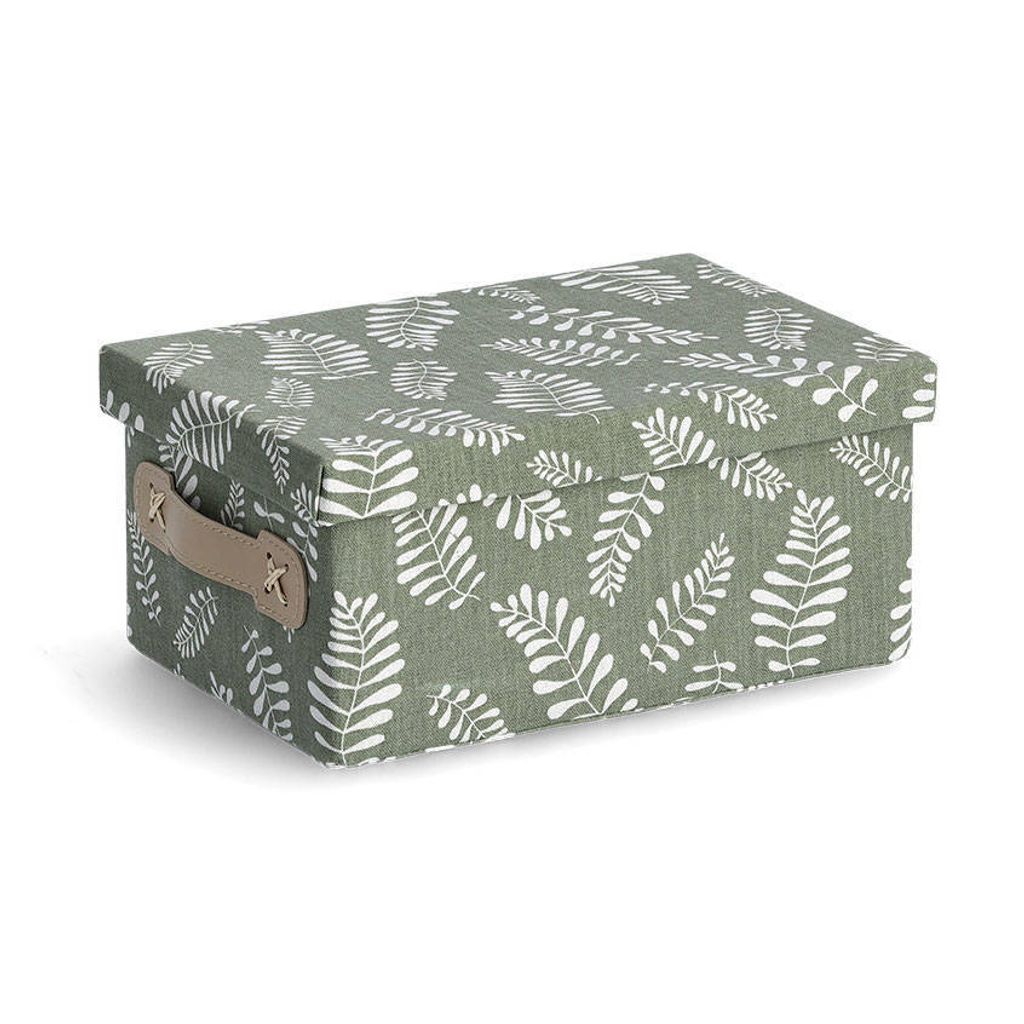 A storage box with a lid and a leaf pattern.