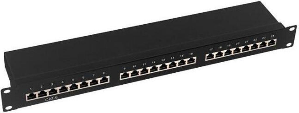 Patchpanel Cat. 6, 24 Port, STP, 19 Zoll, schwarz, Schrankeinbau
