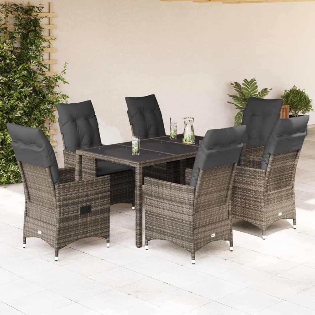BEI CLORIS Gartenmöbel Set Balkonmöbel-Set 7-tlg. Garten-Essgruppe mit Kissen Grau Poly Rattan - Gartenmöbelgarnituren Neu2614721 4parcel