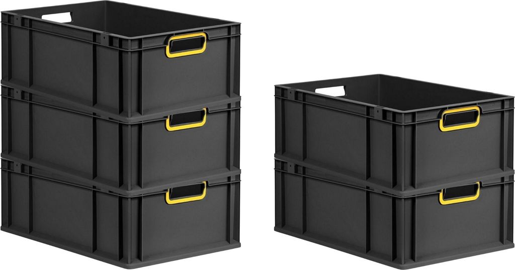 SparSet 5x Eurobox NextGen Color | HxBxT 22x40x60cm | 44 Liter | Griffe gelb offen | Verstärkter Boden | Schwarz | Eurobehälter, Transportbox, Tr...
