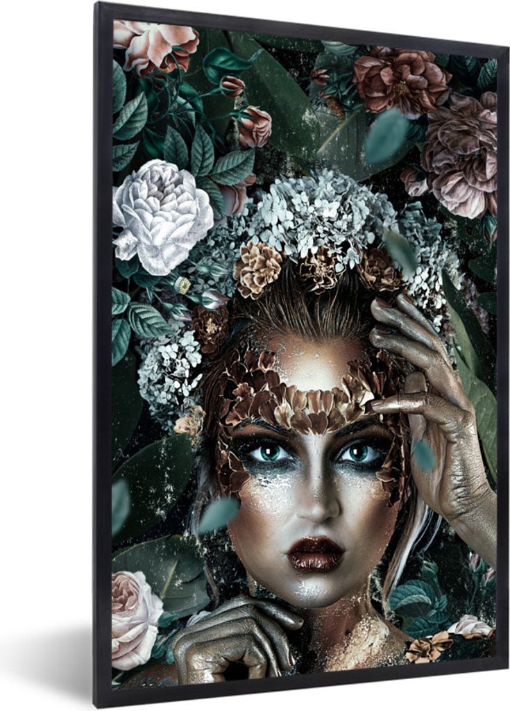 MuchoWow MuchoWow Gerahmtes Poster Silber - Frau - Blumen 60x90 cm - Poster mit zchwarzem Bilderrahmen - Kunst