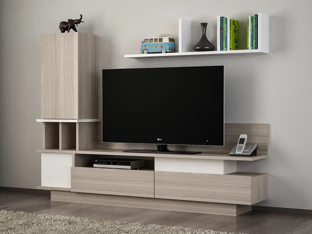 Banc TV blanc et bois Cordoba pour salon contemporain Como