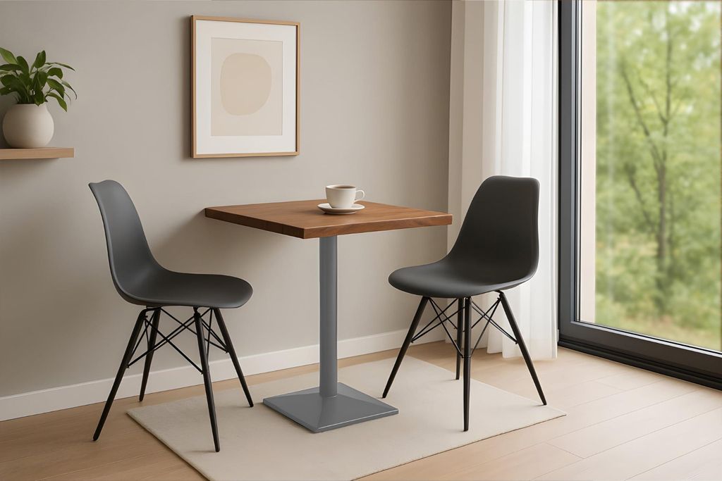 Bistrotisch Iris, Akazienholz massiv + nussbaumfarben, echte Baumkante, Baumkantentisch mit Stempelfuß aus Eisen Silber, Säulentisch/Esstisch 60x...