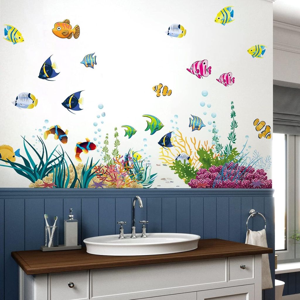 2 Stück Wandsticker Unterwasserwelt bunt, Wandbild, Wandtattoo für Bad & Fliesen mit Fischen, Korallen & Meer, maritime Deko fürs Kinderzimmer H...
