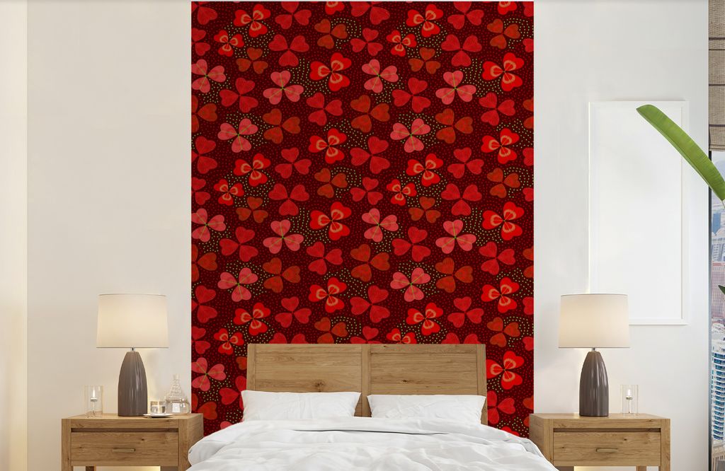 MuchoWow Fototapete für Wohnzimmer oder Schlafzimmer Wandtapete Vinyl Motivtapete Muster - Klee - Rot - 140x220 cm - Fototapeten
