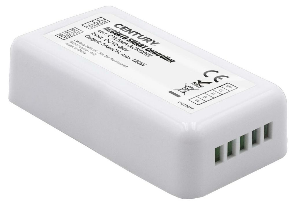 CENTURY ACCENTO SMART Treiber zur Ansteuerung von RGBW-LED-Streifen – max. 120 W, 12–24 V DC, 4 Kanäle à 5 A. Für LED-Streifen ACRGBW-196010...