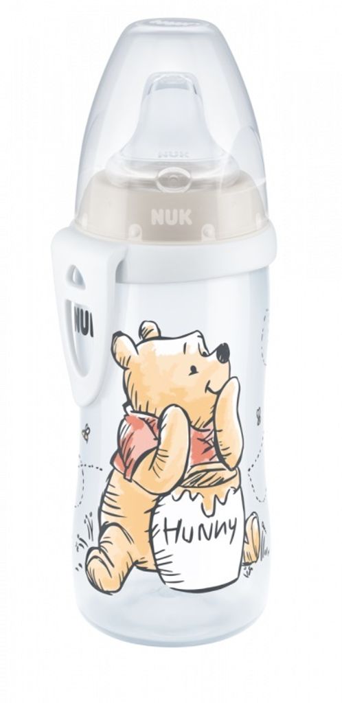 A Winnie the Pooh themed baby bottle with handles.