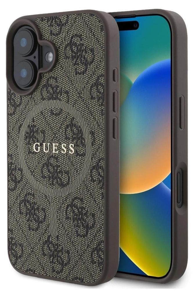 A close-up shot of an iPhone case with a patterned design and the Guess logo.