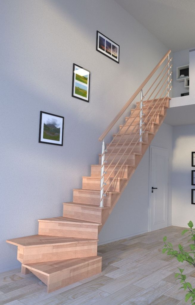 Holztreppe Lindos (Buche) in 1/4 gewendelter Ausführung rechts-80 cm-Design Geländer Holzrundstäbe-mit Setzstufen