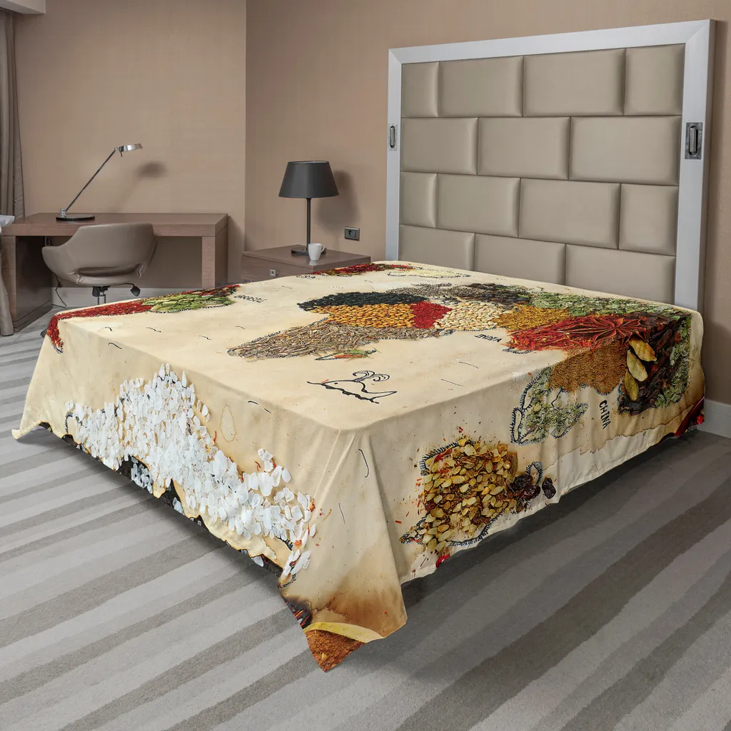 ABAKUHAUS Lenzuolo con mappa del mondo, mappa con diversi disegni di spezie e simboli grafici in stile boemo, lenzuolo morbido e confortevole per un letto decorativo, 1 pezzo, 260 cm x 228 cm, multicolore