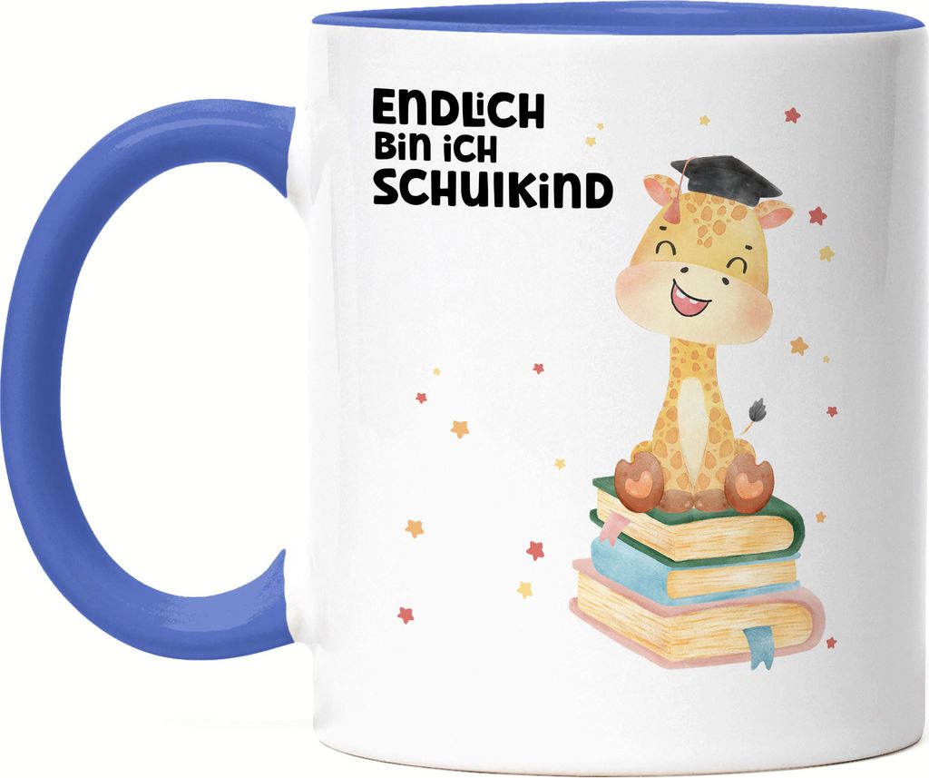 Endlich bin ich Schulkind Tasse Blau Einschulung Giraffe Erstklässler Schulanfang