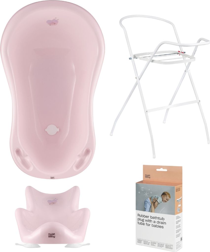 Hylat Baby 4-tlg. Bade-Set mit – Babywanne, Sitz, Ständer & Abfluss – BPA-frei, Hug me - Rosa