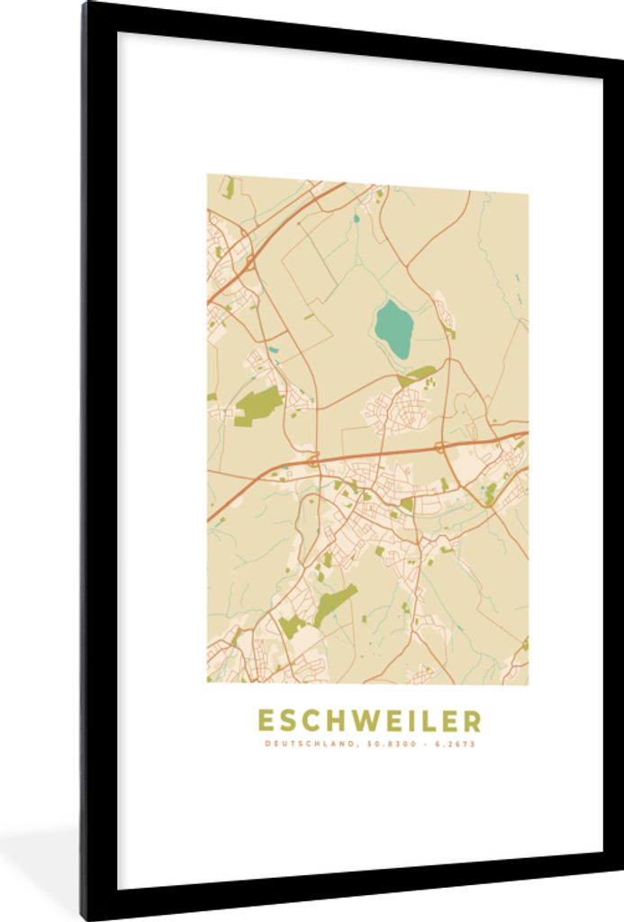 MuchoWow Gerahmtes Poster Stadtplan - Eschweiler - Karte - Vintage 60x90 cm - Poster mit Schwarzem Bilderrahmen Wandposter Rahmen Foto Bilder - D...