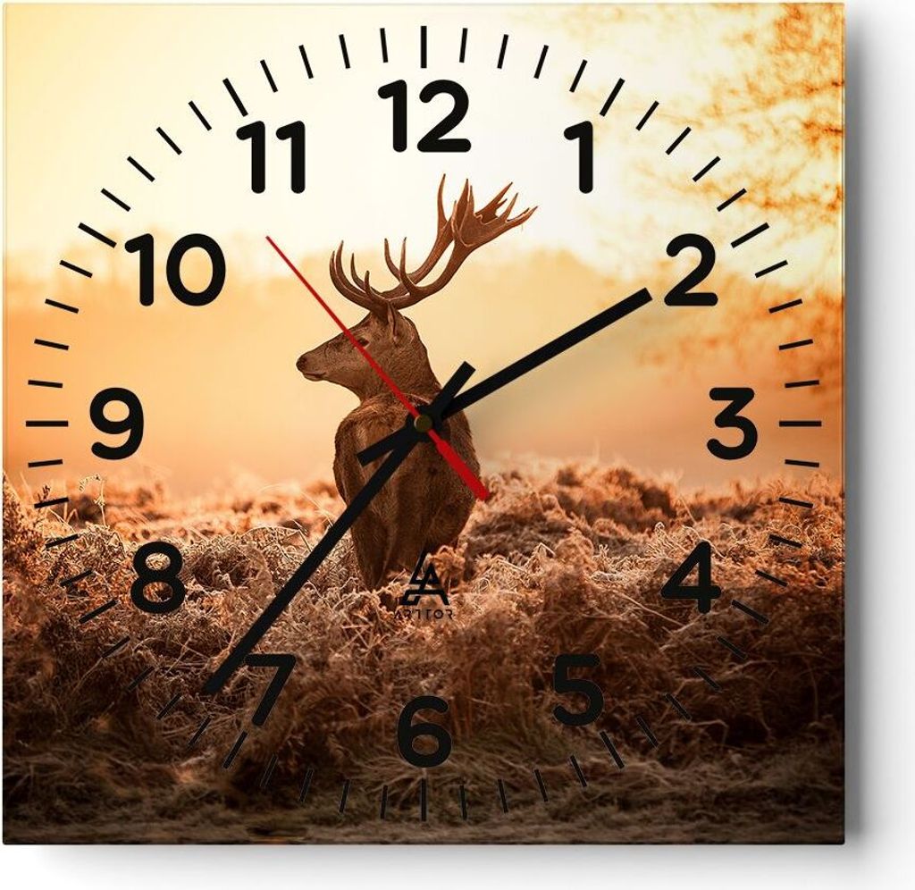 Wanduhr - Quadrat - Glasuhr - Hirsch Natur Feld - 40x40cm - Schleichendes Uhrwerk - Lautlos - zum Aufhängen bereit - Dekoration Modern - Wanddekor...