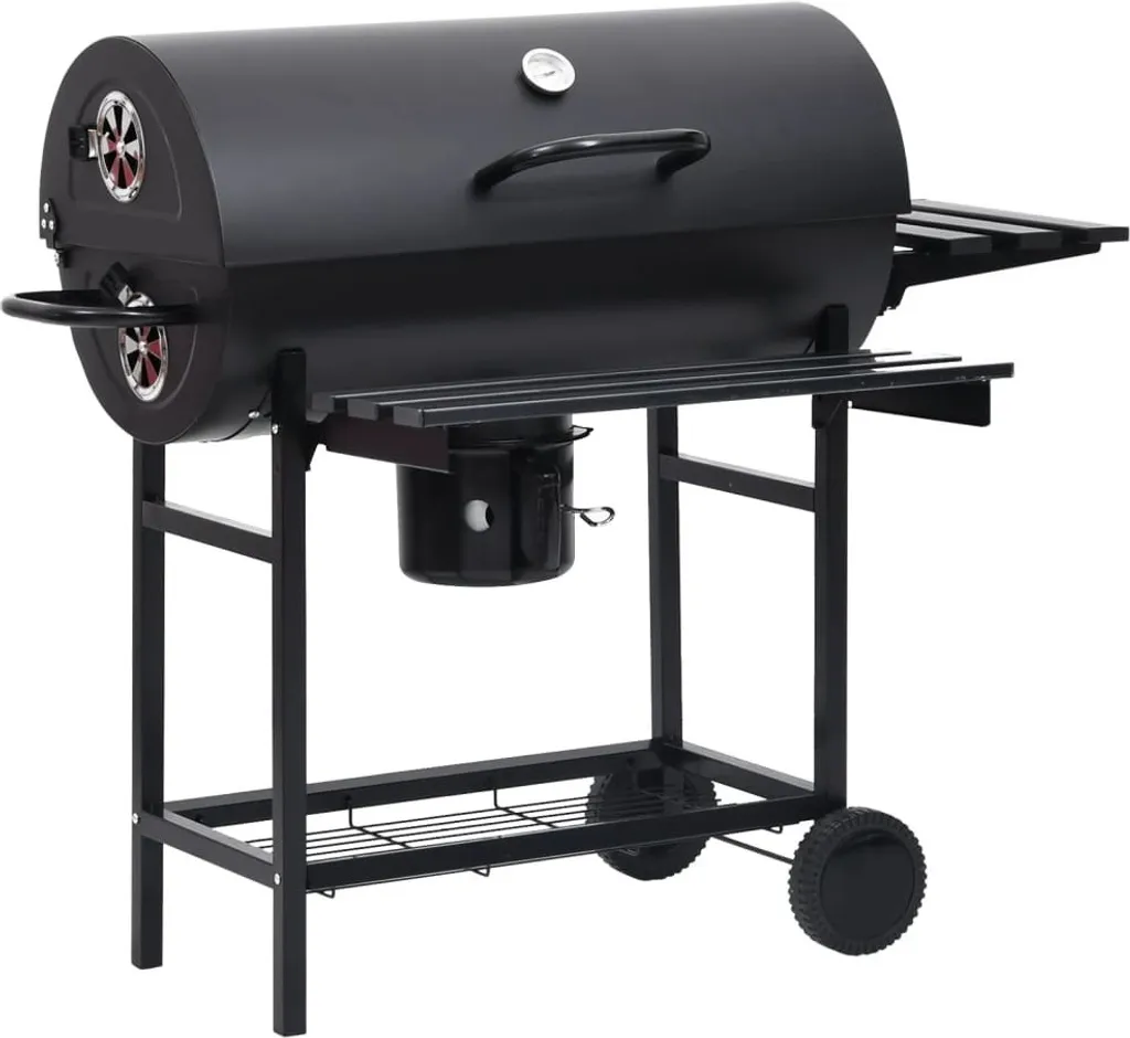 Chariot barbecue vidaXL en acier noir avec étagères et roues 115cm