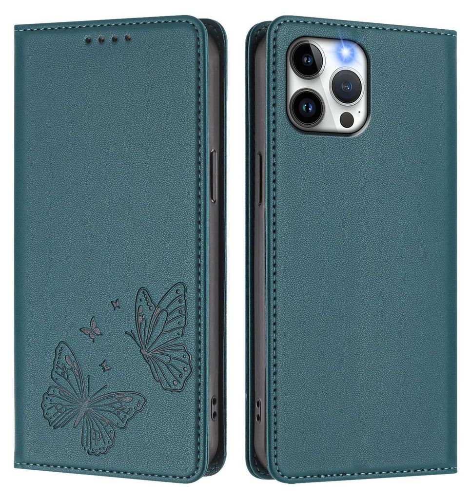 Lederhülle für iPhone 12 Pro Max, Schmetterling Prägung Leder Brieftasche Schutzhülle mit Ständer Grün