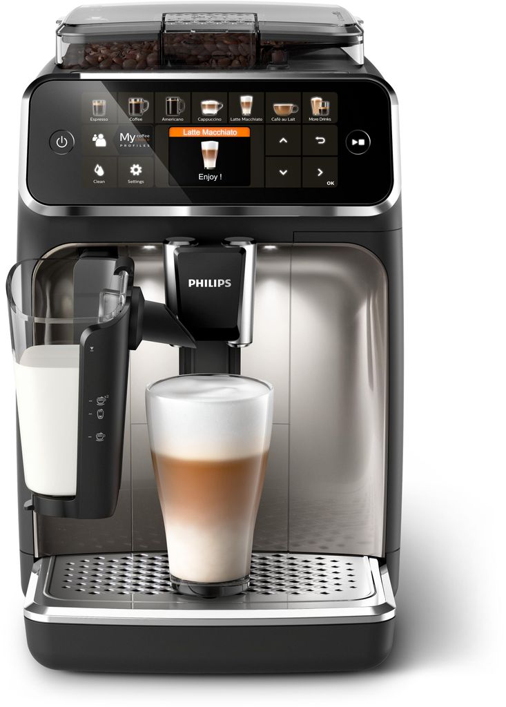 A Philips coffee machine is shown making a latte.
