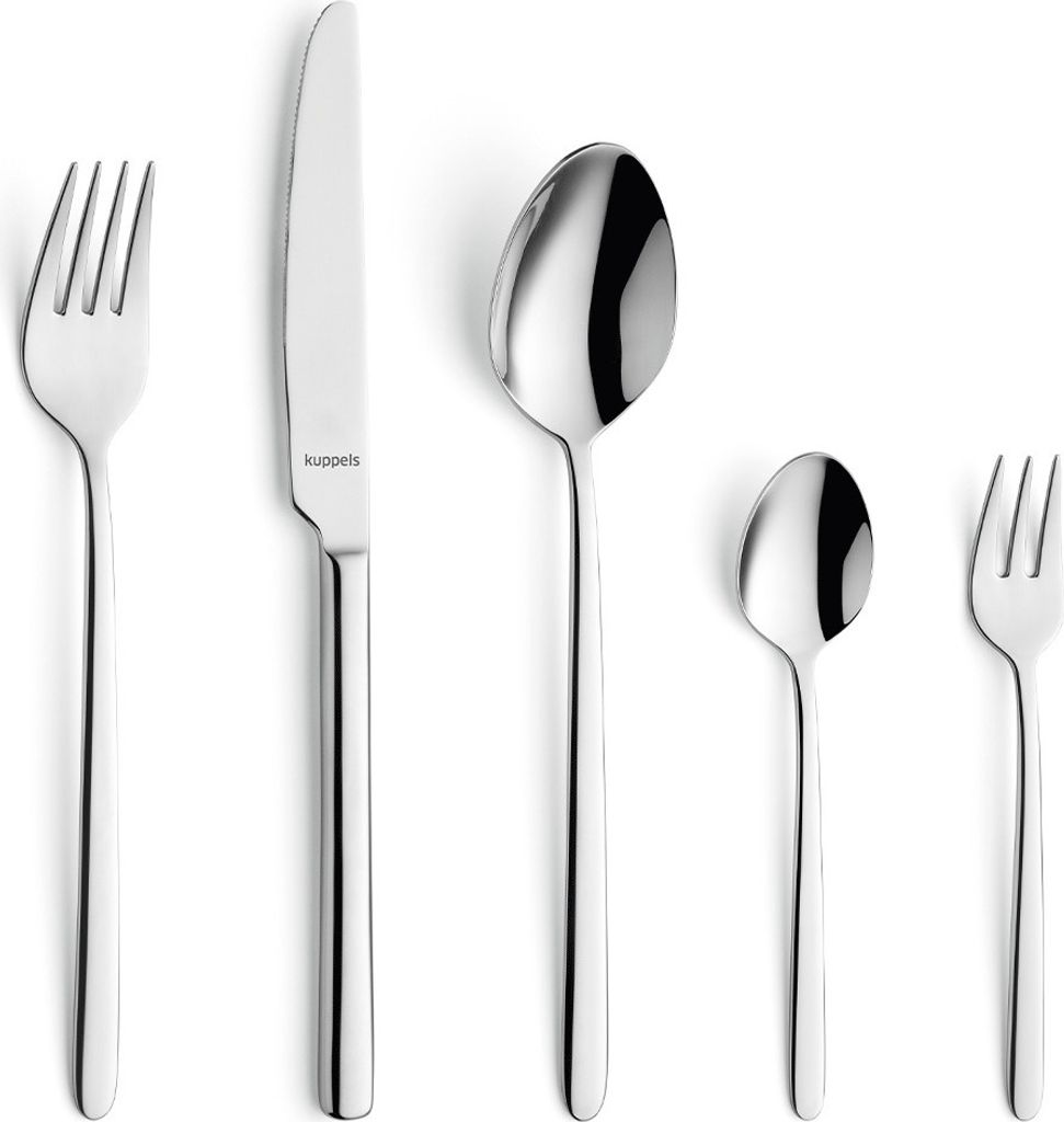 A set of cutlery arranged on a white background.
