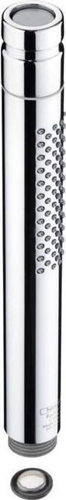 A chrome-plated showerhead with a perforated section and a threaded connection at the bottom, shown against a white background.