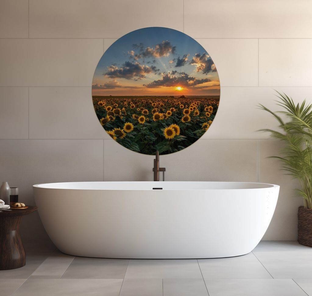 Wallario wasserfestes Poster selbstklebend 90 x 90 cm, Sonnenblumenwiese vor Wolken mit Sonnenuntergang, Badezimmerposter Spritzschutz mit Hochglan...