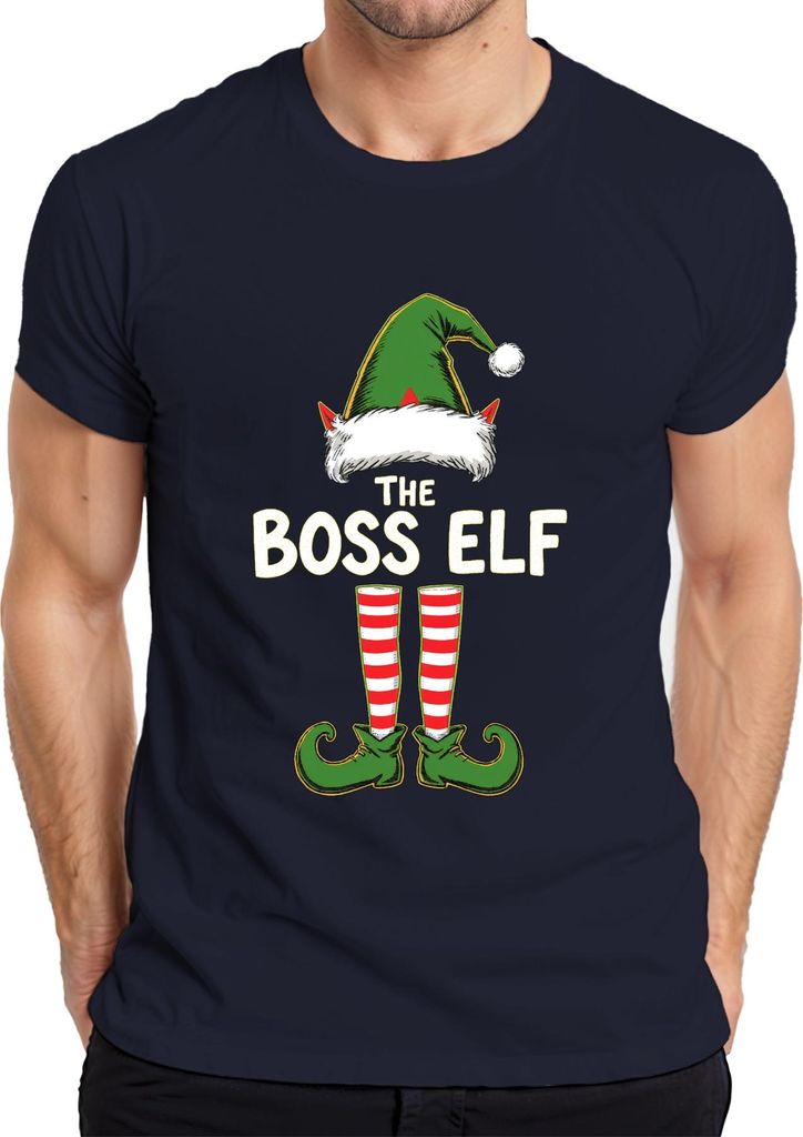 THE BOSS ELF Weihnachtswichtel Weihnachtshut Elfenstiefel Humor Herren T-Shirt, Navy, L