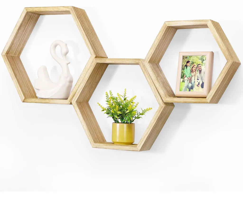 Lot 3 Étagères Hexagonales Rustiques en Bois, Étagères Murales Suspendues