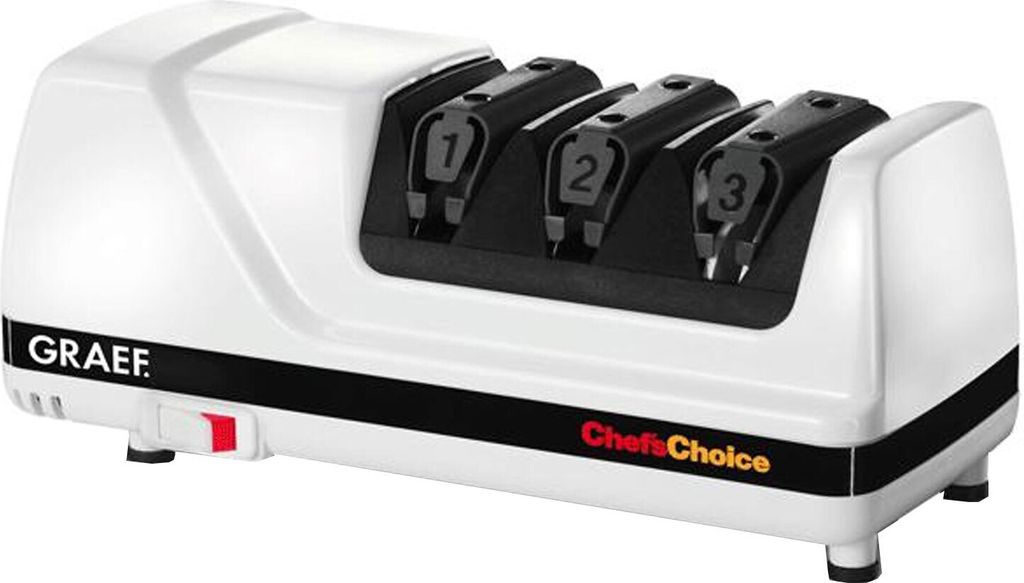 A white electric knife sharpener with three sharpening slots labeled 1, 2, and 3.