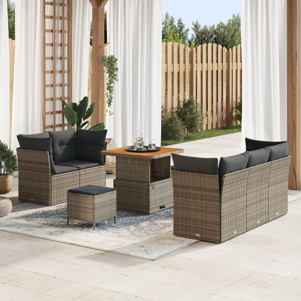 Desgin 8-teiliges Garten Sofaset mit Kissen Grau Poly Rattan Akazie - Gartensofas 3361428