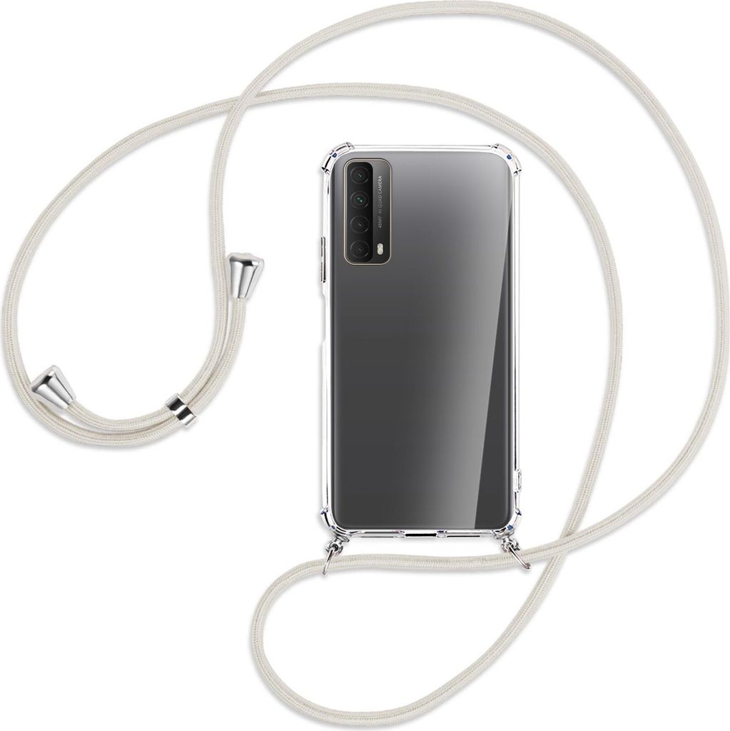 Handykette Backcover-Schutzhülle mit Band (Metall silberfarben) für Huawei P smart 2021 - broken white