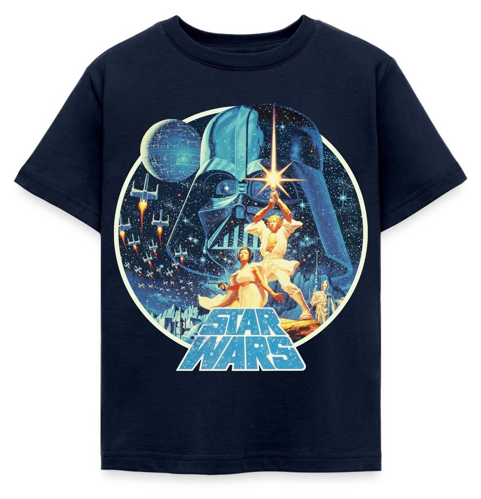 Star Wars Galaxie Mit Ikonischen Charakteren Kinder T-Shirt, 122/128 (7-8 Jahre), Navy