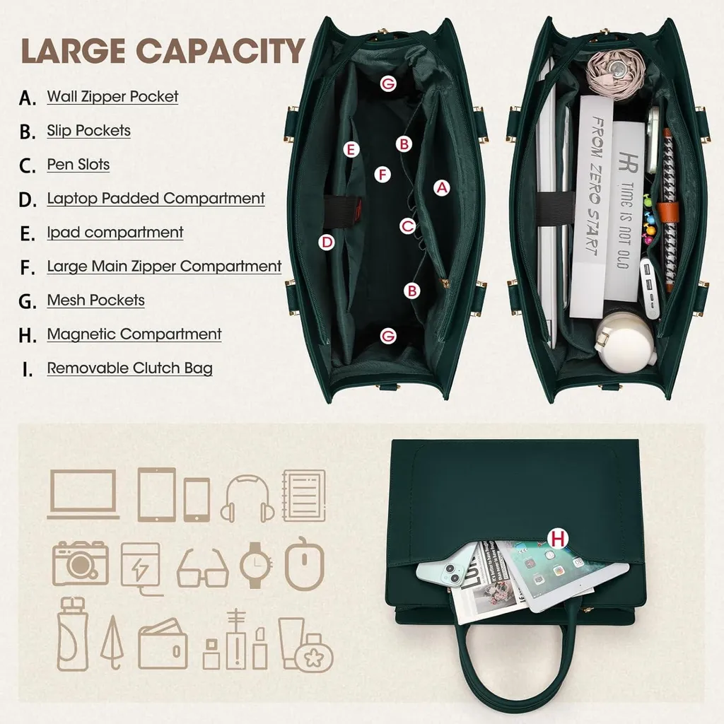 RAINSMORE Sac à Main 15.6 Pouces pour Ordinateur Portable Cuir Vert - 3