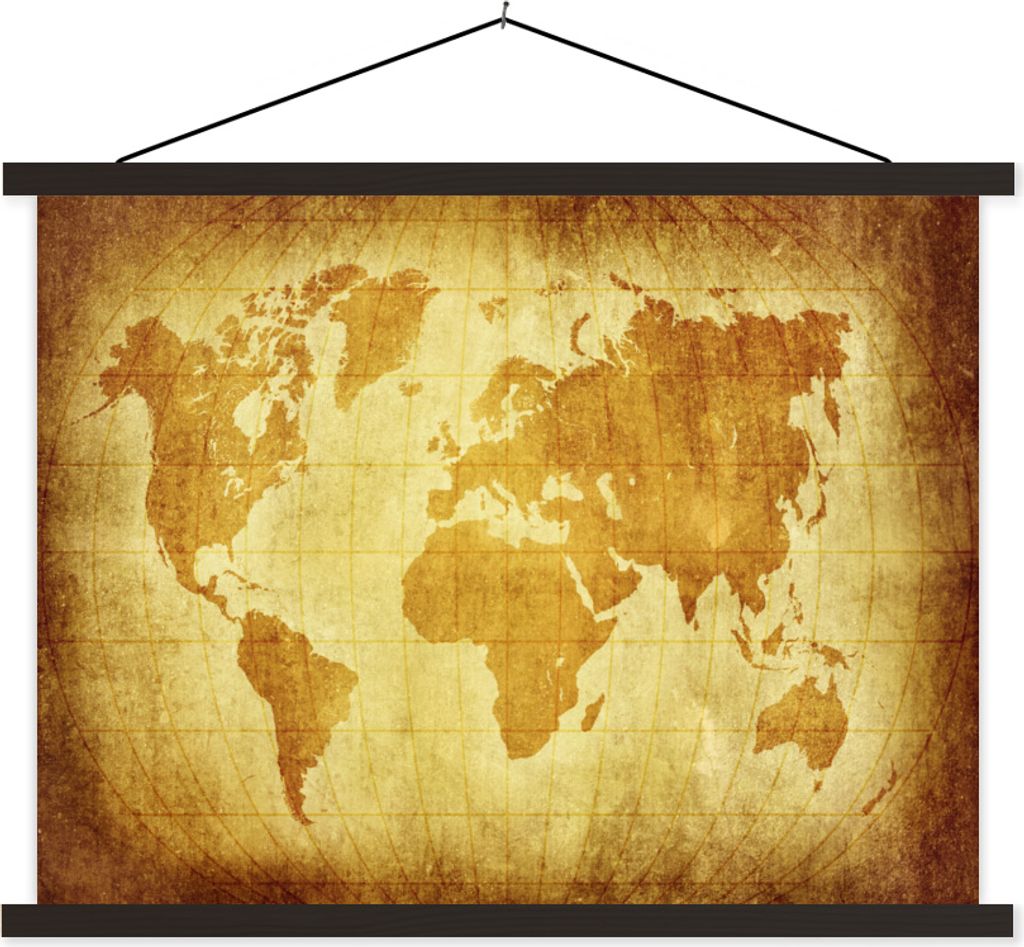 MuchoWow Textilposter Weltkarte - Vintage - Braun 120x90 cm mit schwarzem Rahmen - Aufhänger für Poster