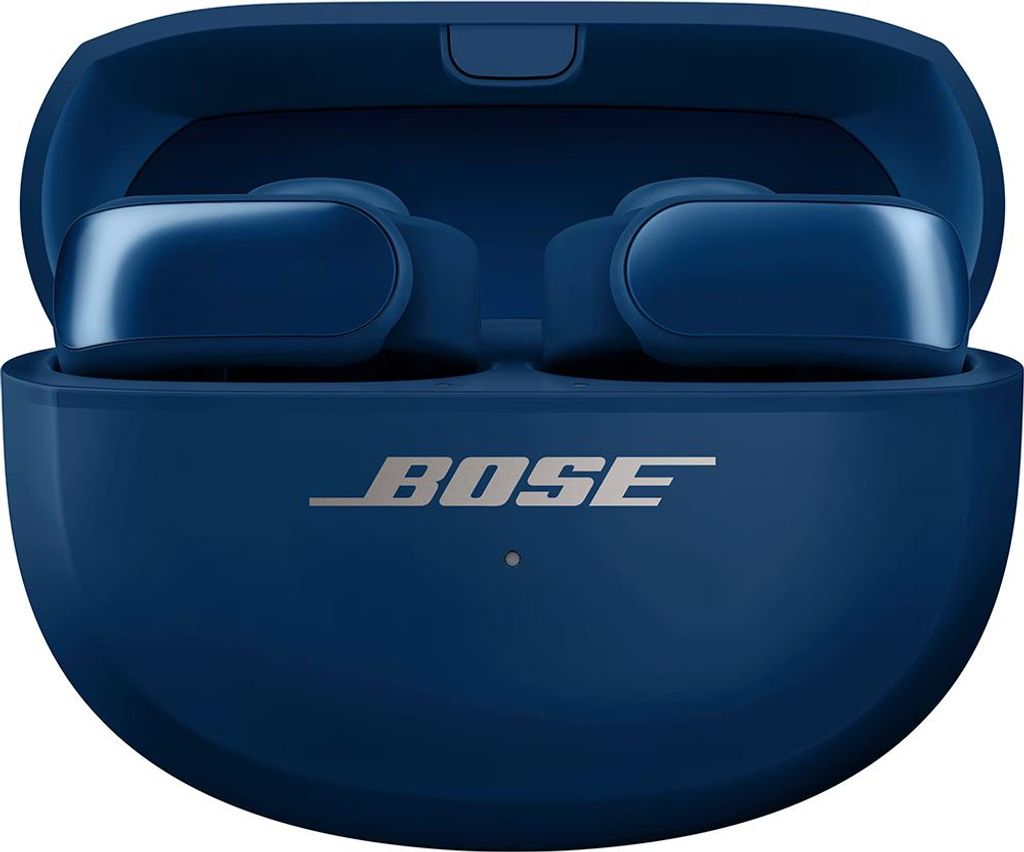 A pair of blue Bose wireless earbuds in their charging case.