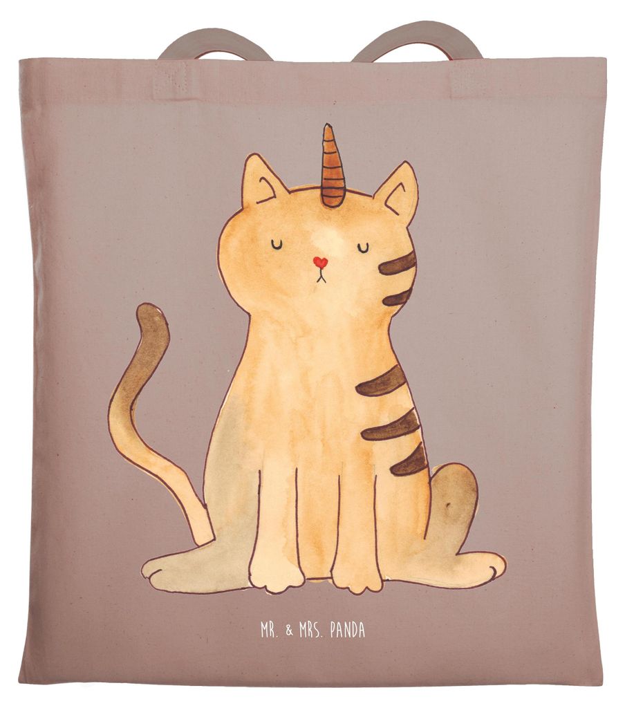 Mr. & Mrs. Panda Jutebeutel Einhorn Katze - Braun Pastell - Geschenk, Regenbogen, Unicorn, Mieze, canvas tasche, Glitzer, Laptoptasche, Shopping, T...