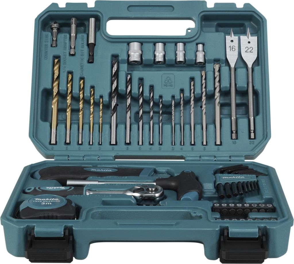 A teal plastic tool case filled with various drill bits, sockets, and a ratchet.