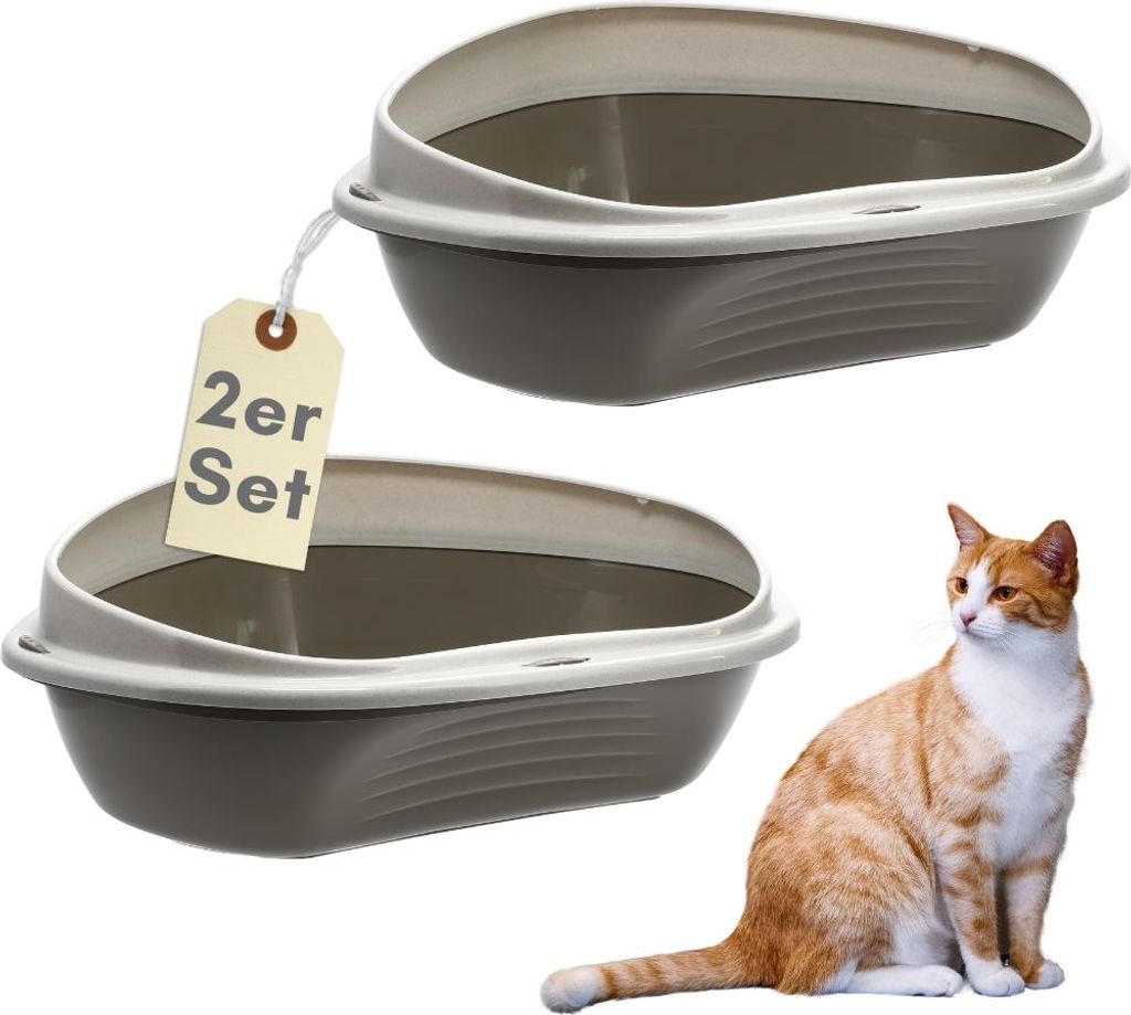 2er Set Katzenklo Ecke XXL Eck Katzentoilette mit Rand ohne Deckel Ecktoilette offen grau Katzen WC Doppelpack Sparpaket Katzentoiletten