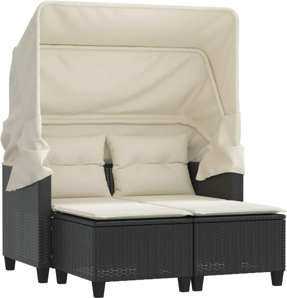 vidaXL Gartensofa 2-Sitzer mit Dach und Hockern Schwarz Poly Rattan