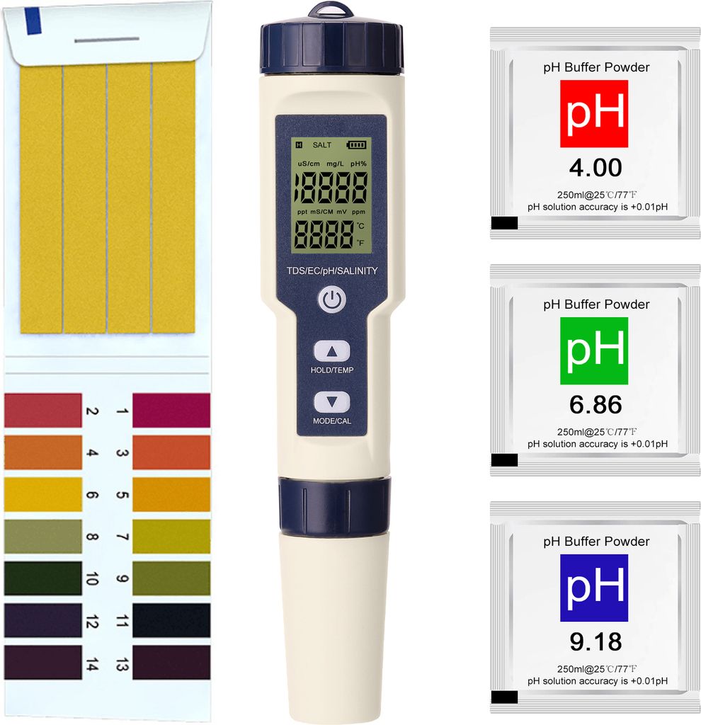5-in-1 Professionelles Wasserqualitätsmessgerät – Digitaler Multi-Parameter Tester für pH, EC, TDS, Salzgehalt & Temperatur