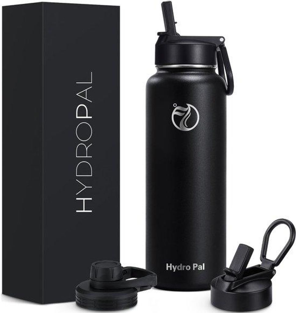 Isolerter Trinkflasche aus Edelstahl - 750 ml, 1 l, 1,2 l, BPA-frei, geeignet für gesäuerter Getränke, isolierte Flasche mit Grasstiel und 2 Dec...