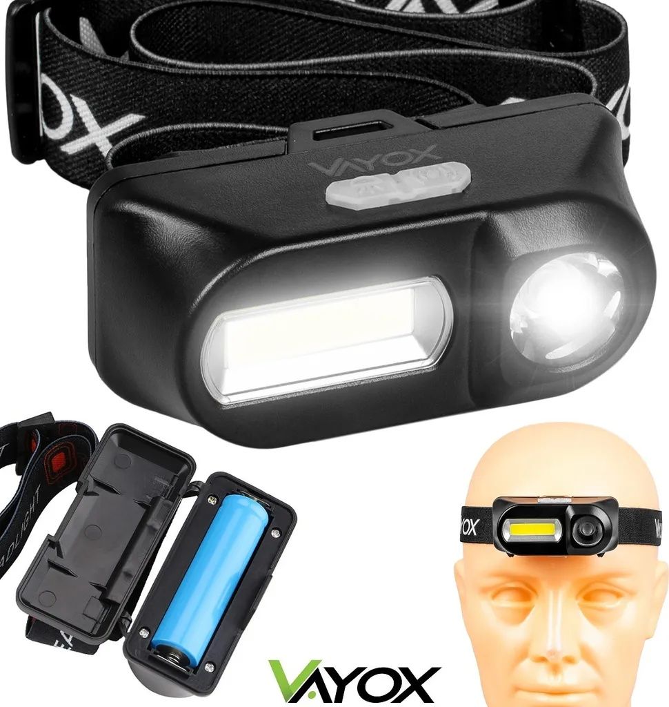 Vayox Stirnlampe VA0175 | 300lm | XPE + COB | Leicht | 7 Modi | Li-ION 18650 | Schwarz