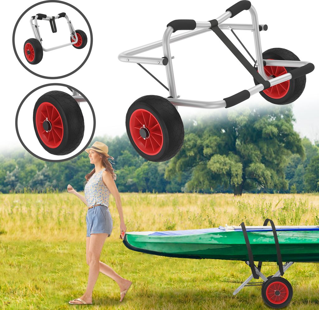 UISEBRT Faltbarer Verstellbarer Alu Kanuwagen – Transportwagen für Boote, Kanus und Kajaks, mit Polstern und Gurtbändern, 100 kg Traglast