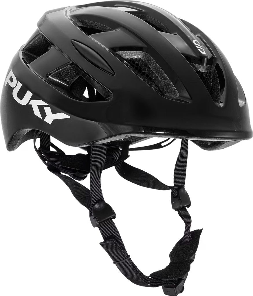 A black bicycle helmet for children.