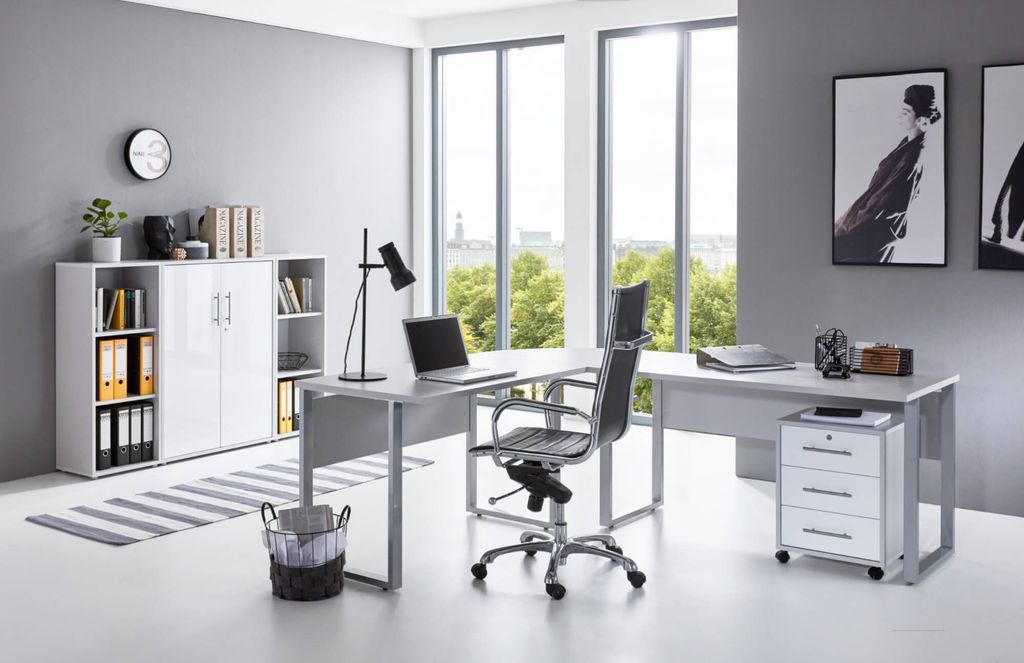 Büromöbel-Set TABOR PRO 2 in lichtgrau / weiß Hochglanz, Produktbild 