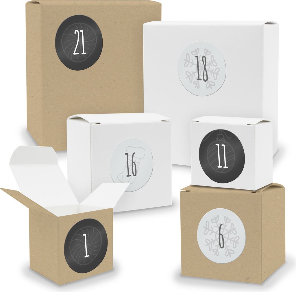 Adventskalender zum Füllen 24x Quader Würfel gemischt WEISS / BRAUN + Sticker (V03 Z13)