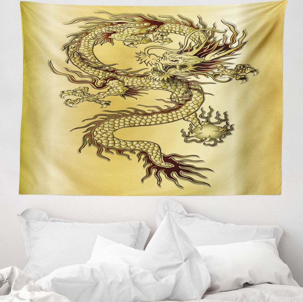 ABAKUHAUS Drachen Wandteppich, Ostchinesischen Myth aus Weiches Mikrofaser Stoff Waschbar ohne Verblassen Digitaldruck, 150 x 110 cm, Schwarz Senf
