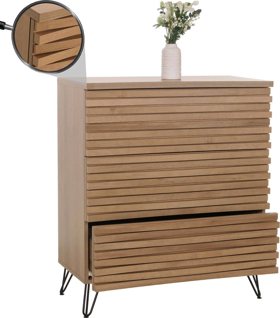 Kommode MCW-M49, Sideboard Schrank Highboard, 3D-Design 3 Schubladen MDF Metall 94x80x45cm natur
