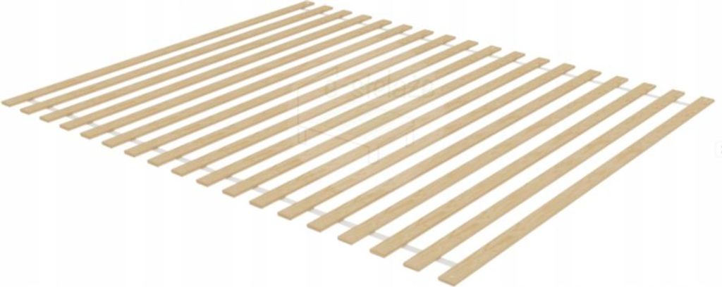 A wooden bed slat frame for a mattress.
