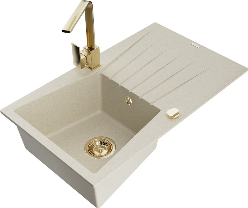 Mexen Cesar 1 Becken-Granitspüle mit Abtropffläche und Mischbatterie Rita, Beige - 6514-69-670300-50
