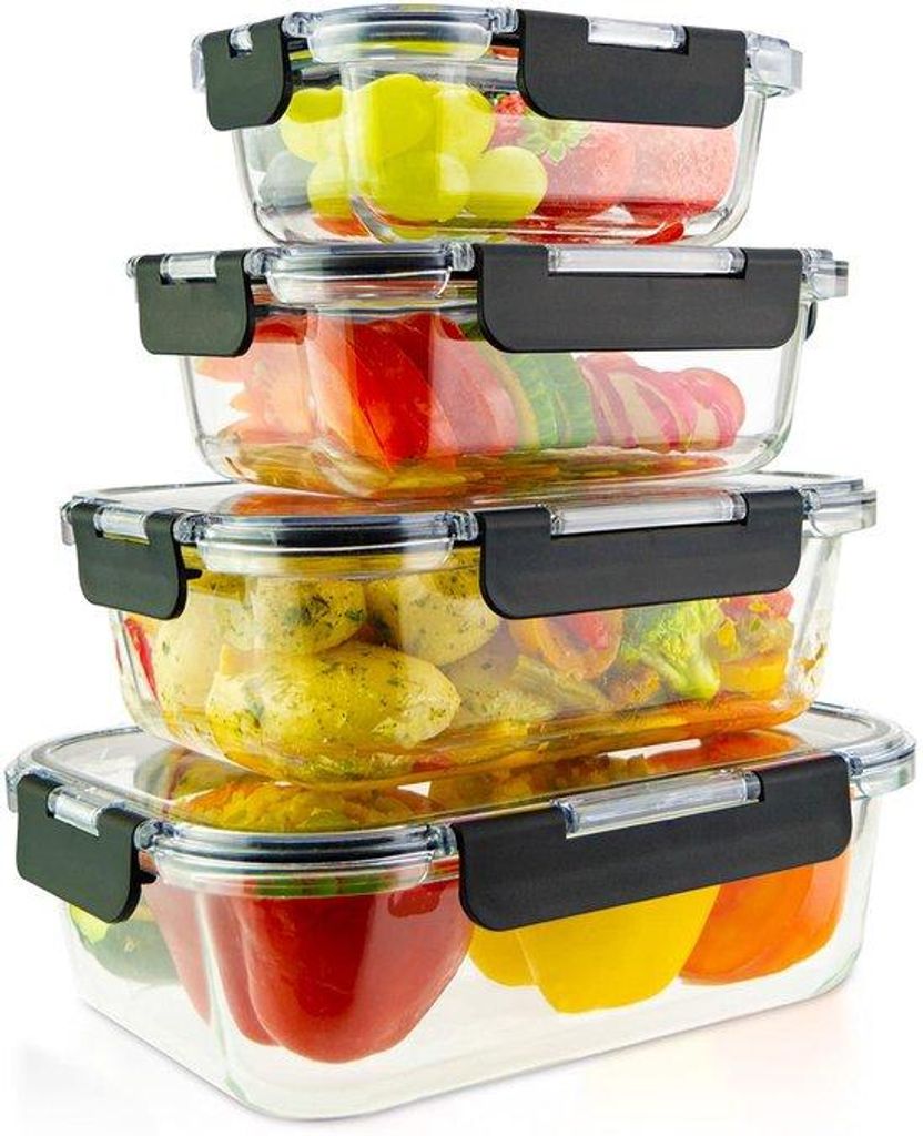 Glas-Container-Set mit 4 vielseitigen Behältern und Deckeln aus Tritan - Langlebig, luftdicht und stapelbar - Wassertocht, vriezer- und mikrowelle...