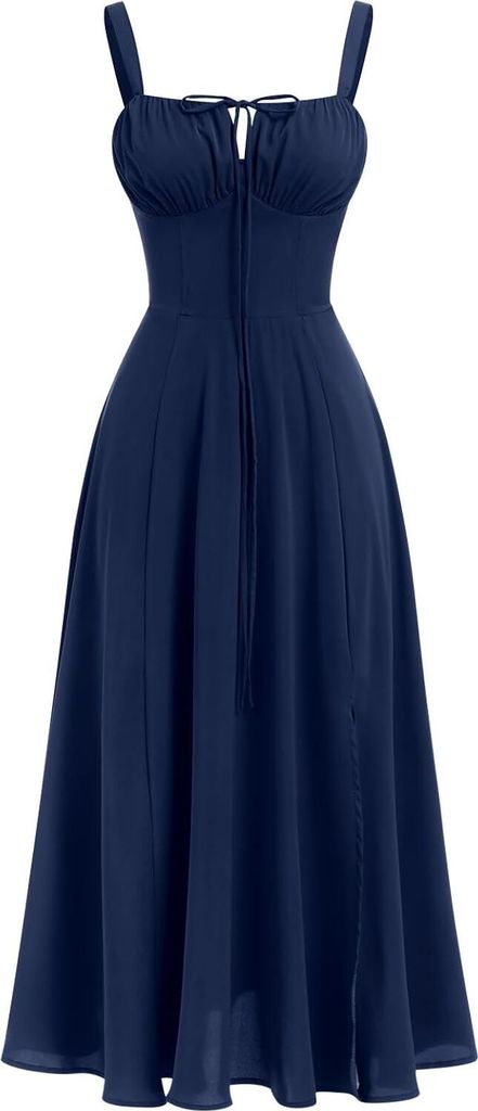ASKSA Damen Sommer y aermellos Spaghettitraeger Boho Blumen Lang Kleid mit Schlitz (Dunkelblau,L)